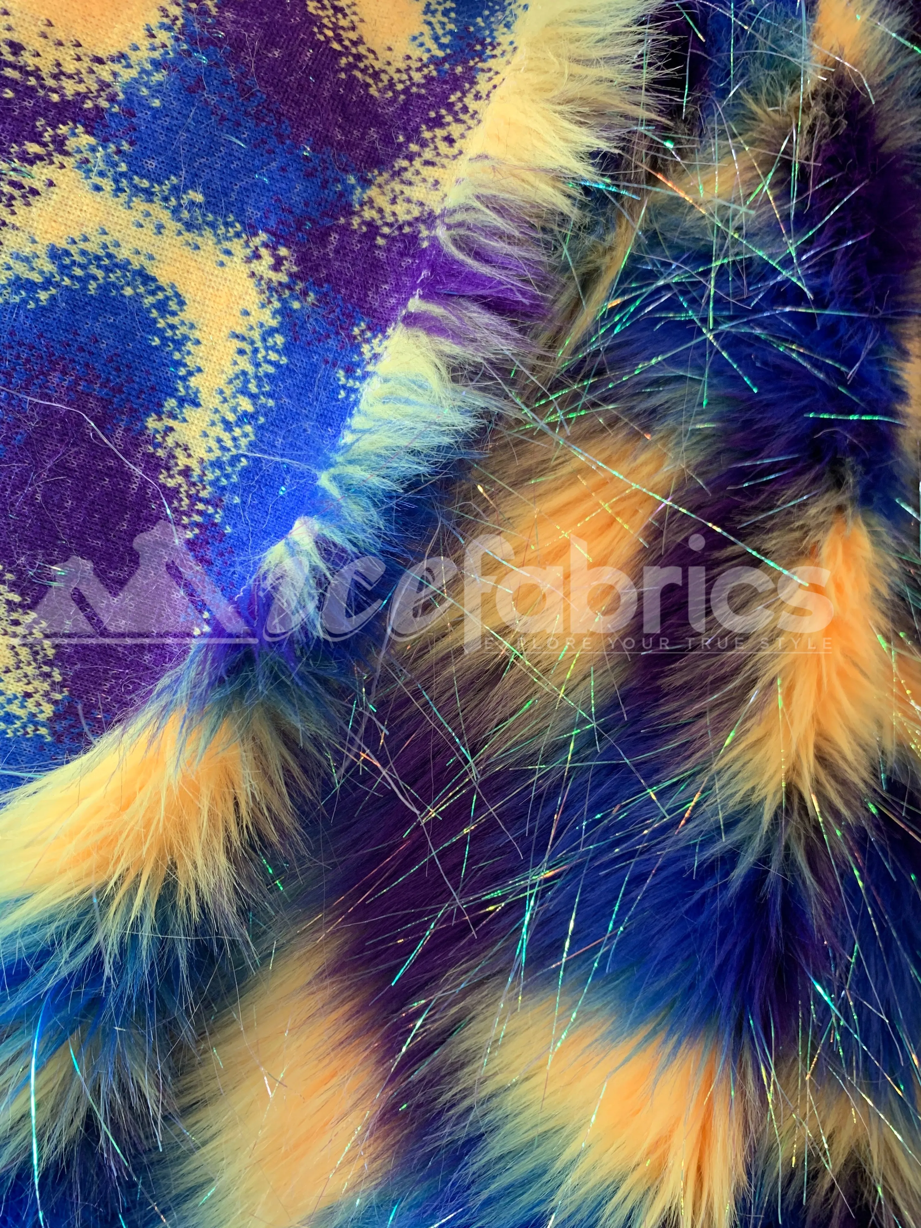 3 Tone Rainbow Tinsel 3.5" long Pile Blue, Yellow, and Purple Faux Fur Fabric By The Yard