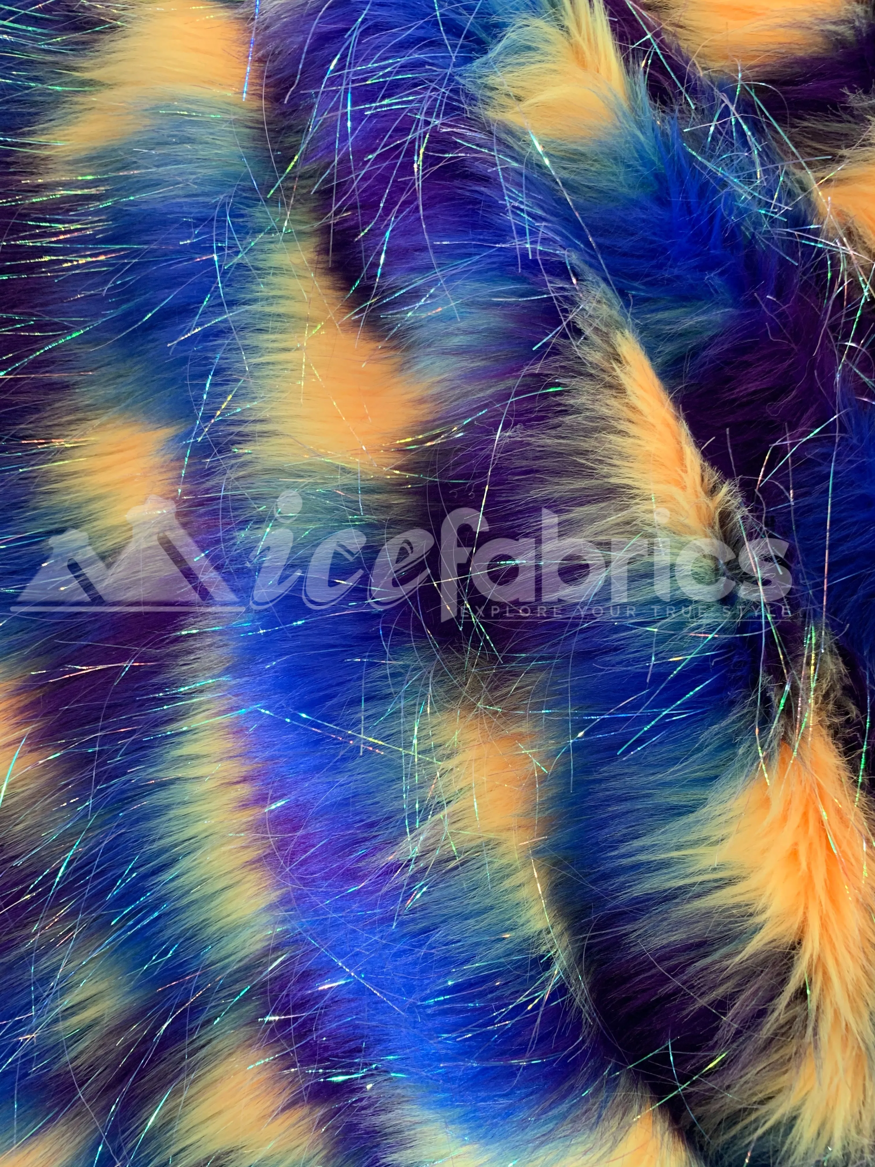 3 Tone Rainbow Tinsel 3.5" long Pile Blue, Yellow, and Purple Faux Fur Fabric By The Yard