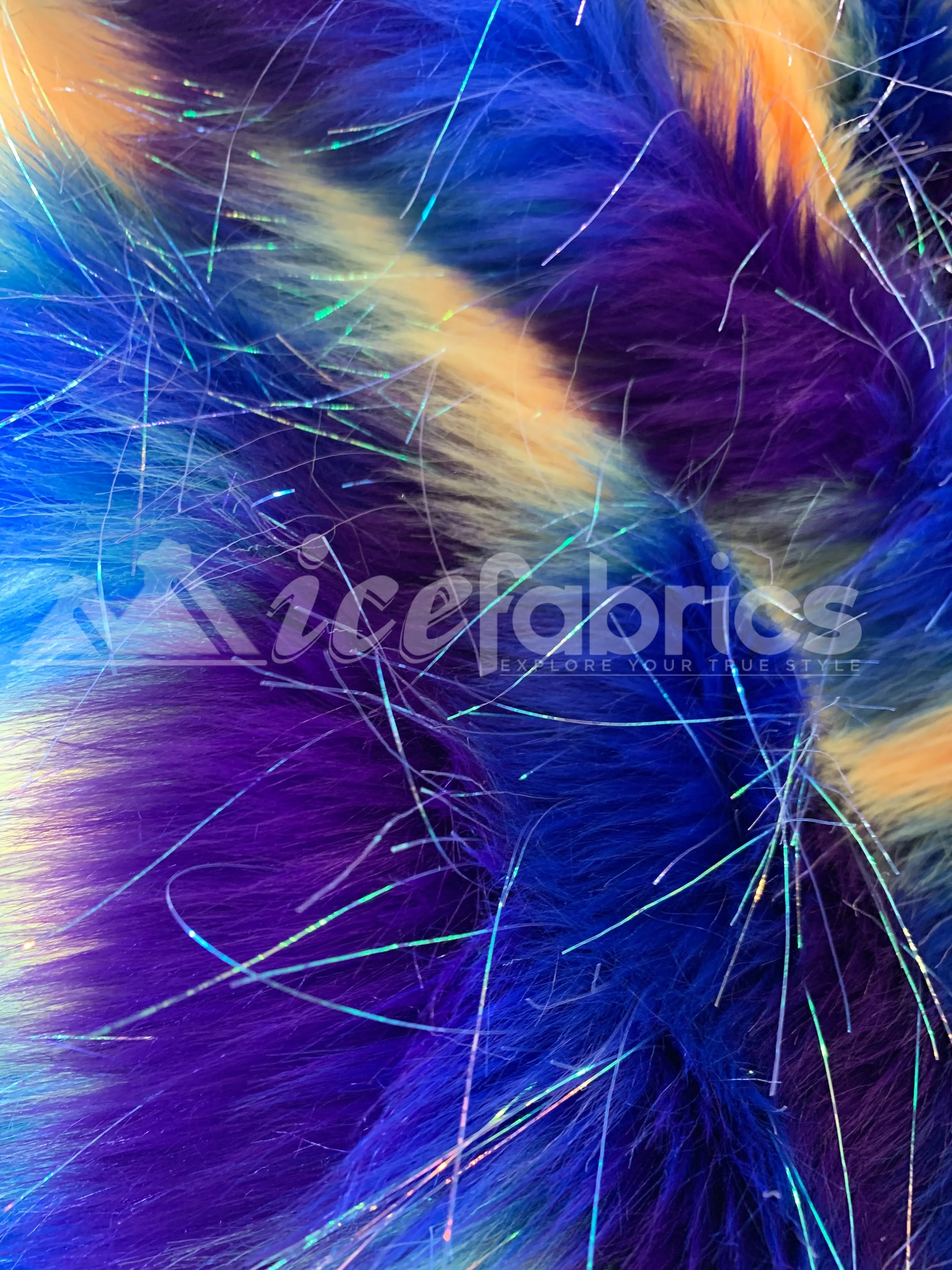 3 Tone Rainbow Tinsel 3.5" long Pile Blue, Yellow, and Purple Faux Fur Fabric By The Yard