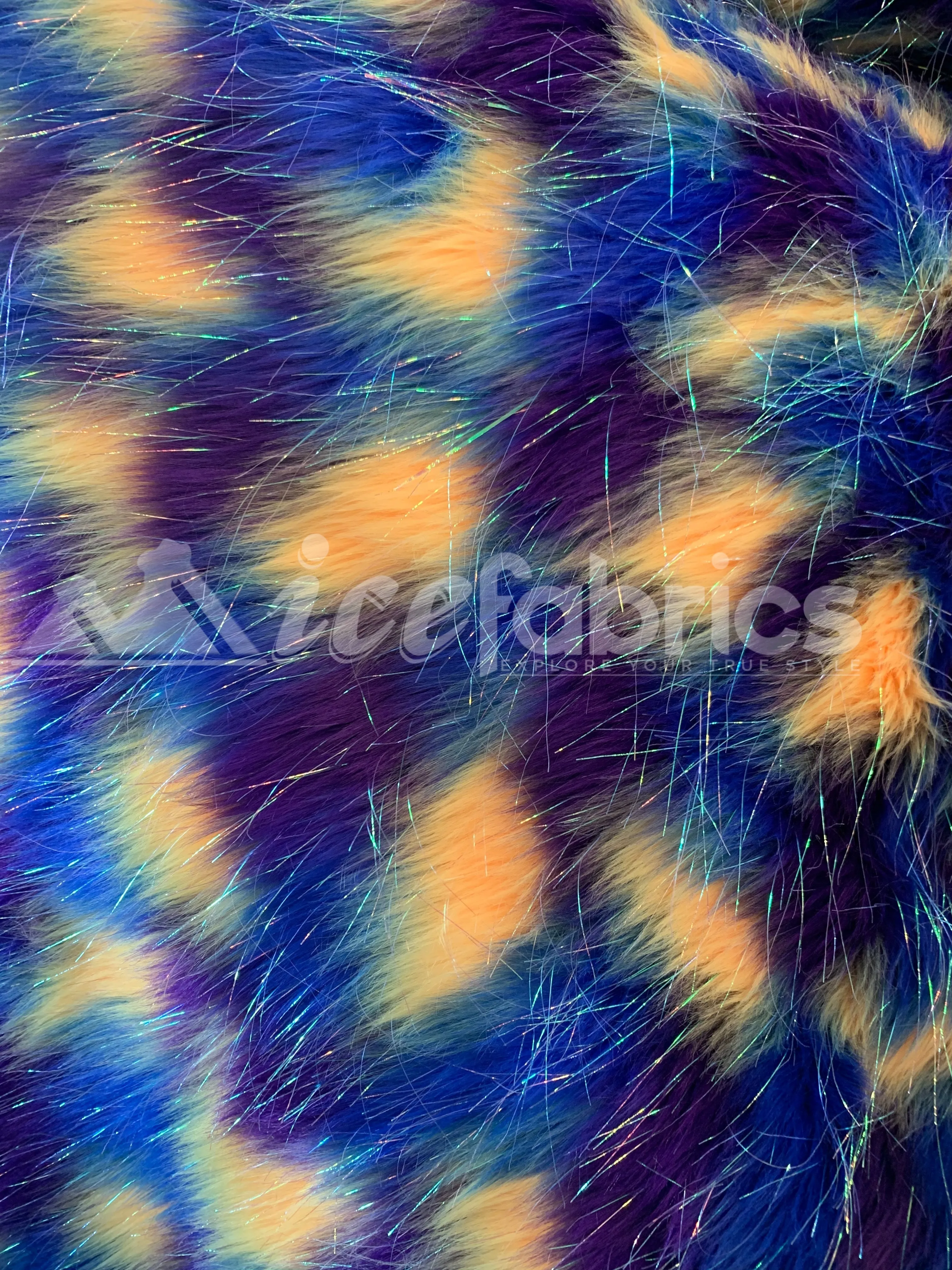 3 Tone Rainbow Tinsel 3.5" long Pile Blue, Yellow, and Purple Faux Fur Fabric By The Yard