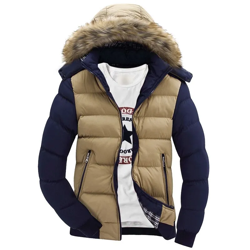 Ashore Shop Winter Mens Jacket with Faux Fur Collar Casual Patchwork Cotton Padded Hooded Parkas Coat men jackets brand clothing M-4XL