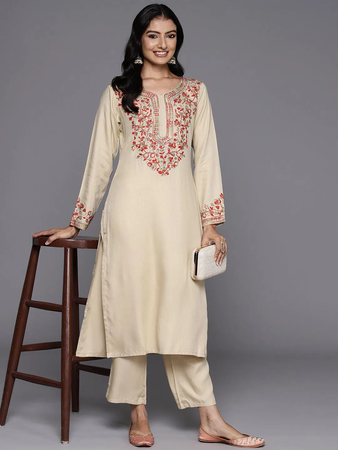 Beige Yoke Design Wool Blend Straight Kurta Set