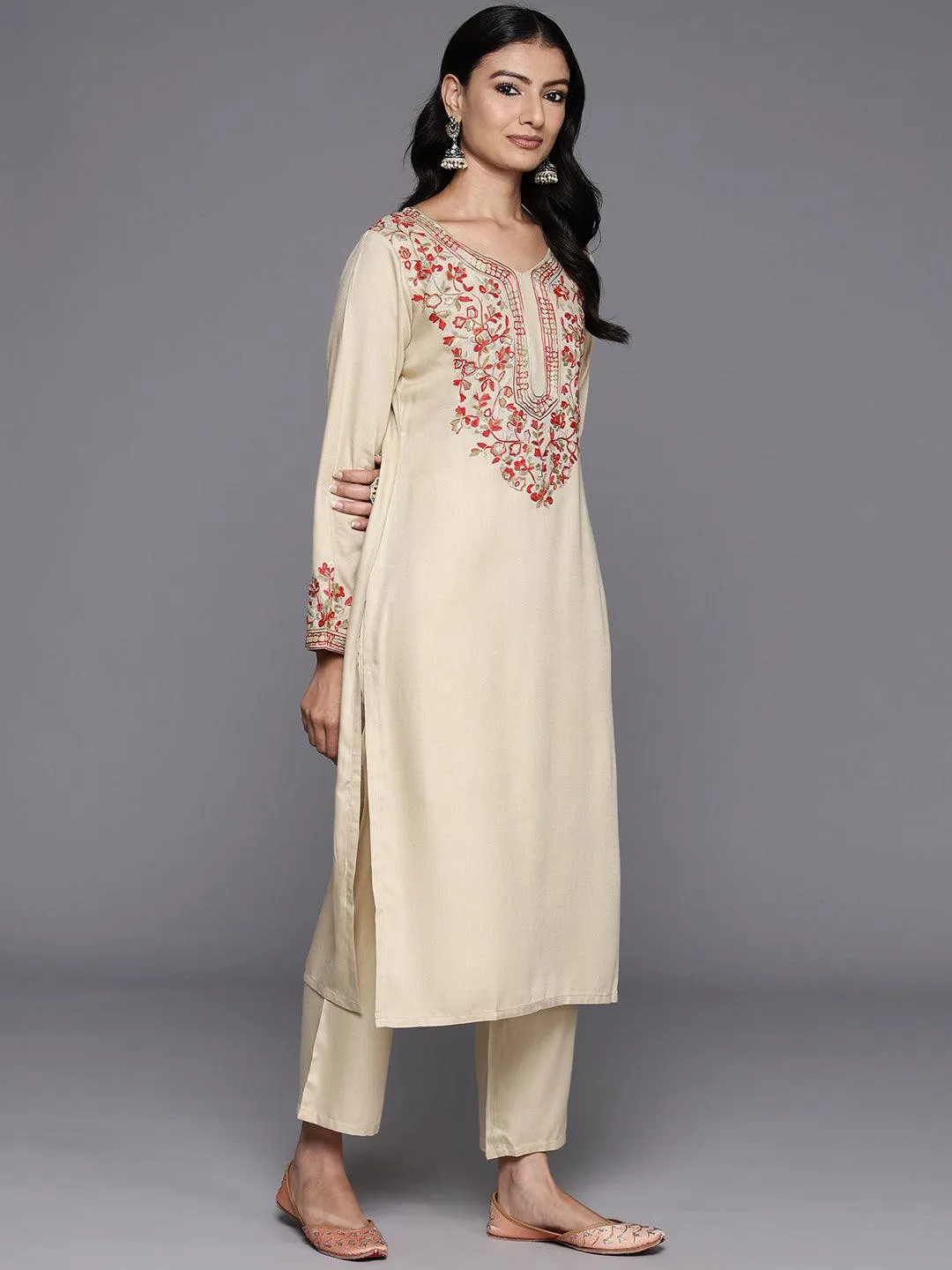 Beige Yoke Design Wool Blend Straight Kurta Set