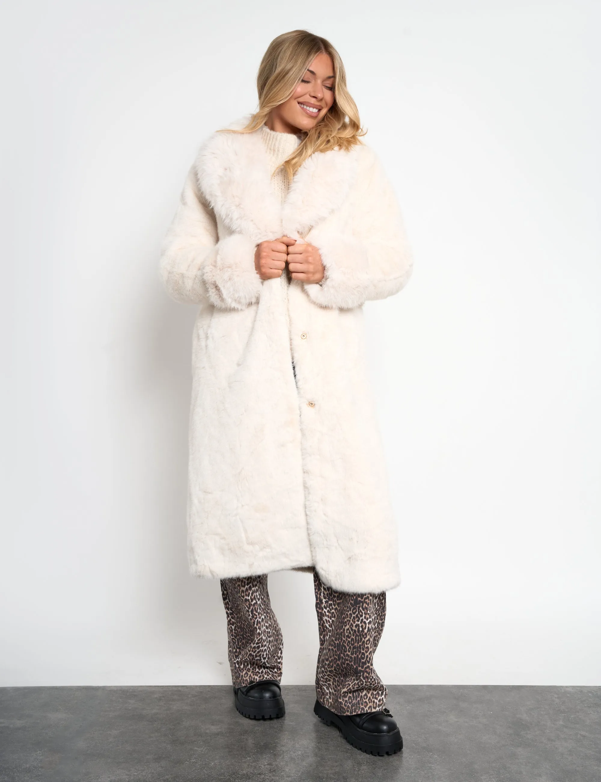 Belted Faux Fur Long Coat White