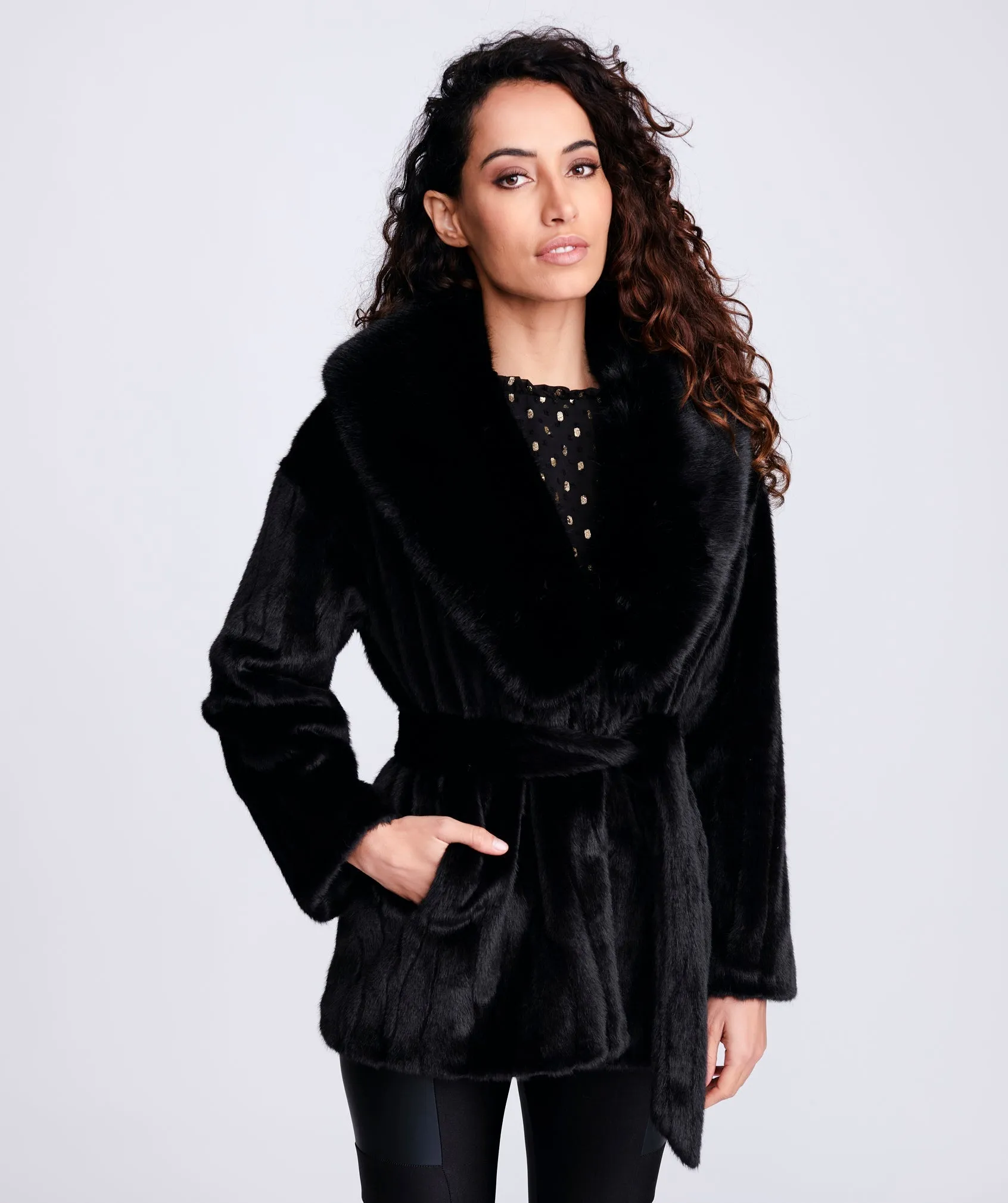 Black Linear Weave Pattern Faux Fur Coat with Matching Belt