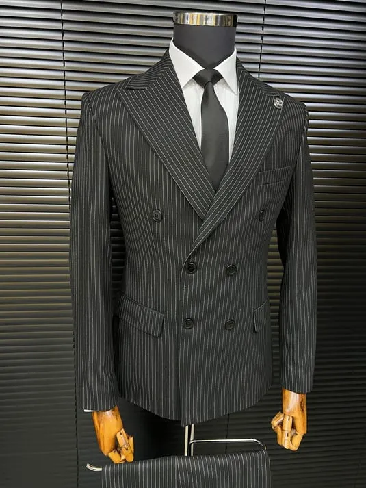 Black Striped Bone Button Double-Breasted Slimfit Suit SCB-205