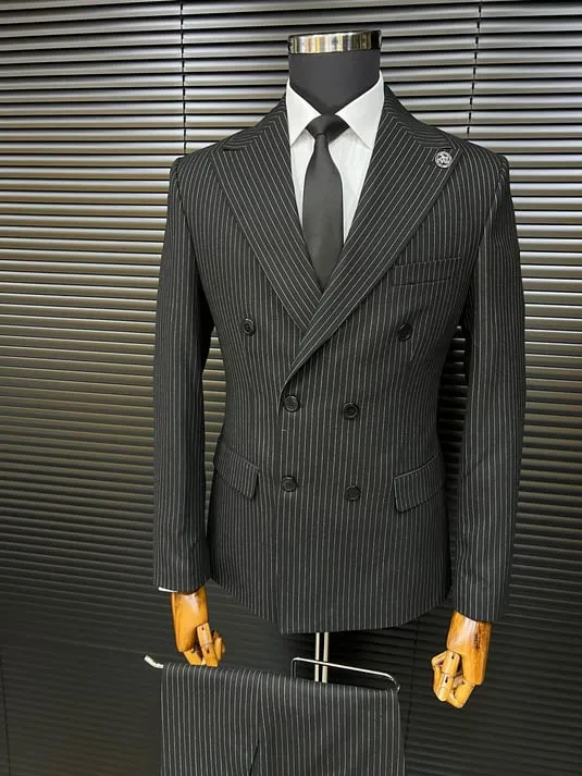 Black Striped Bone Button Double-Breasted Slimfit Suit SCB-205