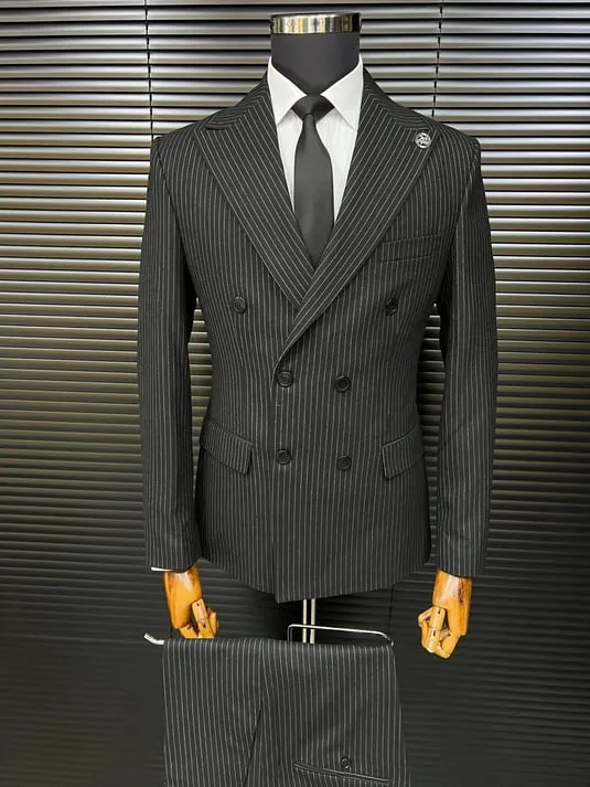 Black Striped Bone Button Double-Breasted Slimfit Suit SCB-205