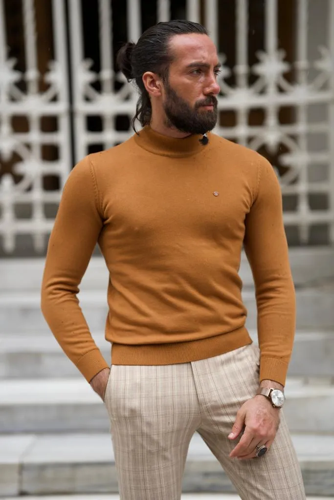 Bojoni Astoria Slim Fit Camel Half Collared Turtleneck