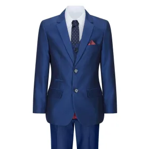 Boys 3 Piece Shiny Blue Wedding Party Suit Tailored Fit Smart Formal