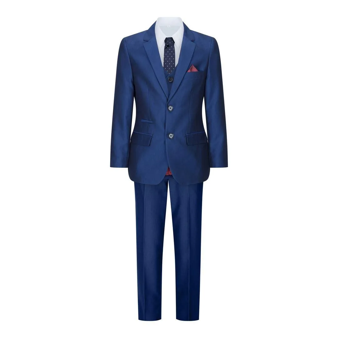 Boys 3 Piece Shiny Blue Wedding Party Suit Tailored Fit Smart Formal