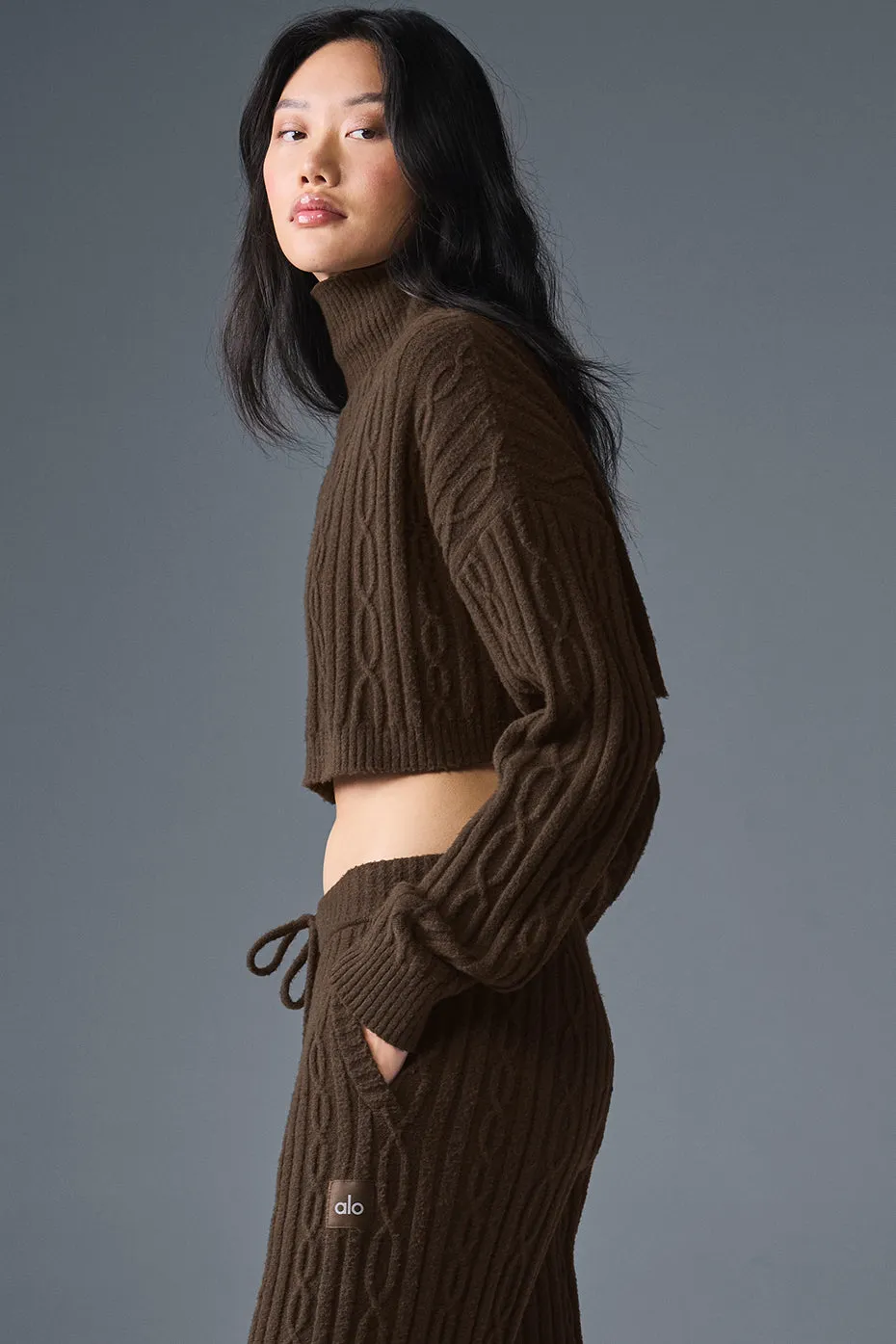 Cable Knit Cropped Winter Bliss Turtleneck Long Sleeve - Espresso