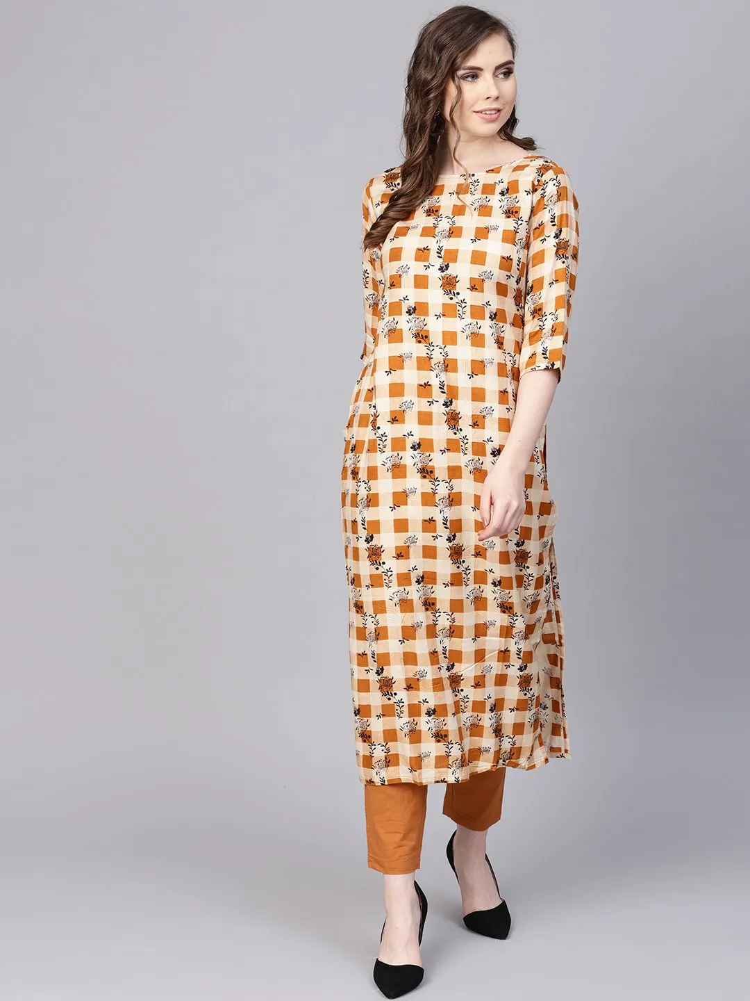 Camel  Brown Checked with florals Kurta Set with Solid Palazzo