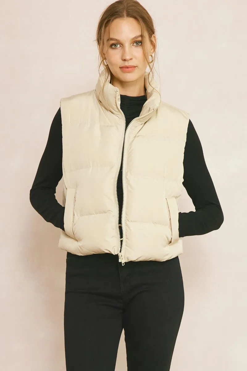 Cozy Up Cropped Puffer Vest - Sand *Regular & Curvy*