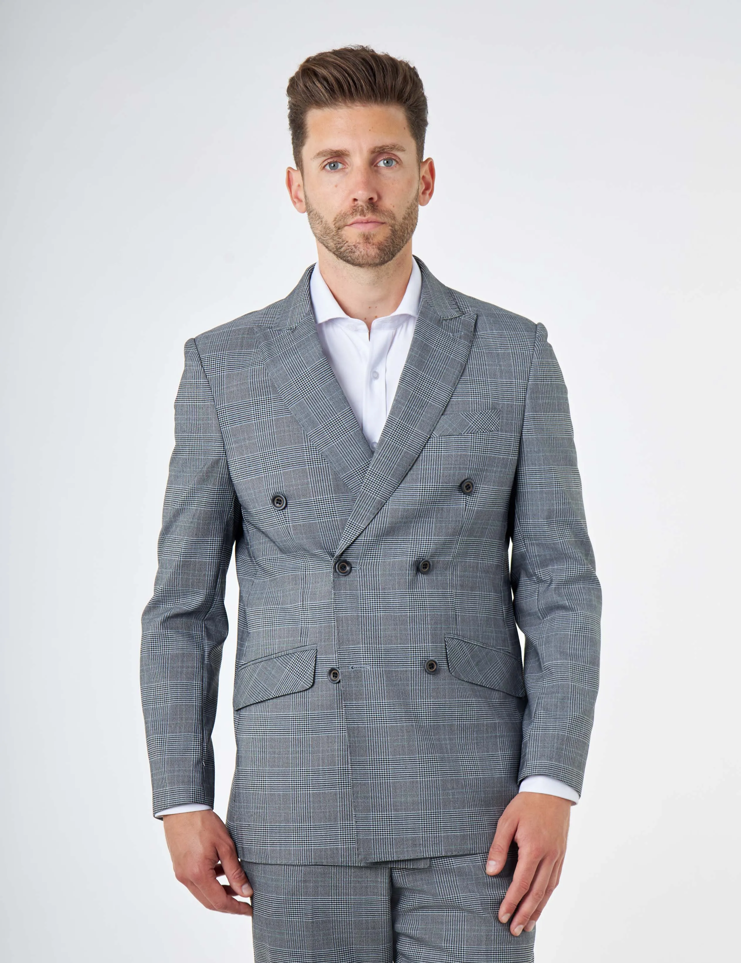 EKON - Grey Double Breasted Prince of Wales Check Suit