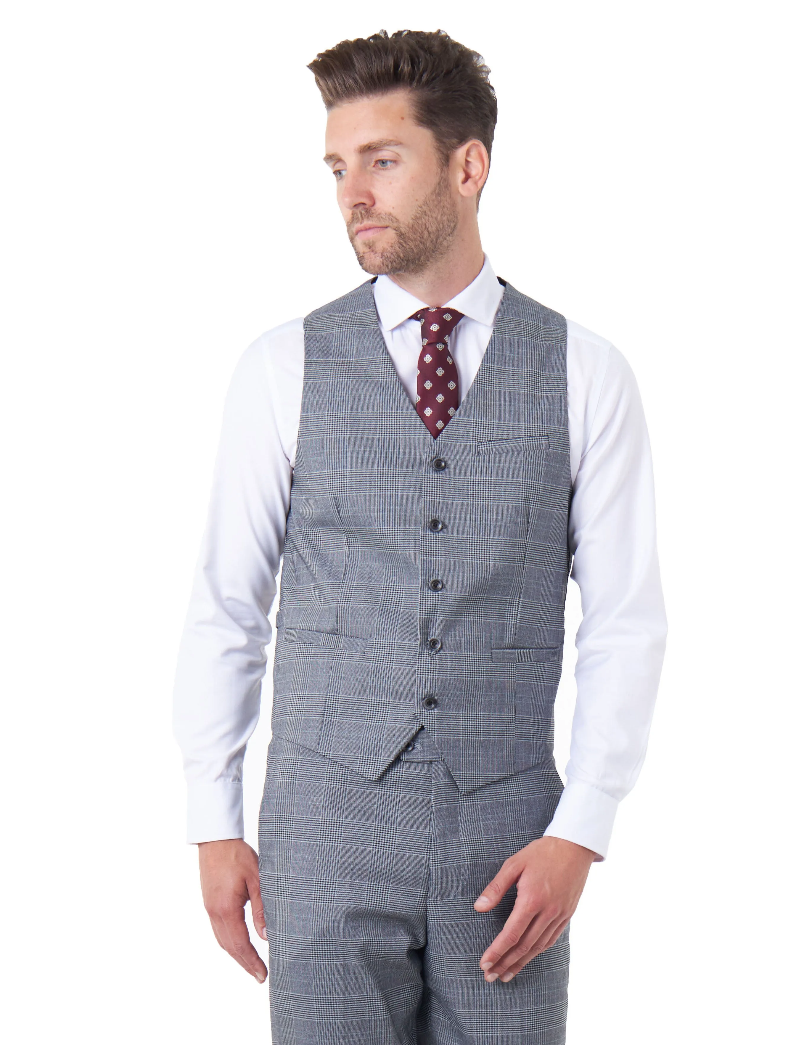 EKON - Grey Prince of Wales Check Suit 3 Piece Tailored Fit