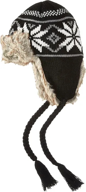 Faux Fur Knitted Winter Hat with Tassels - Black Combo