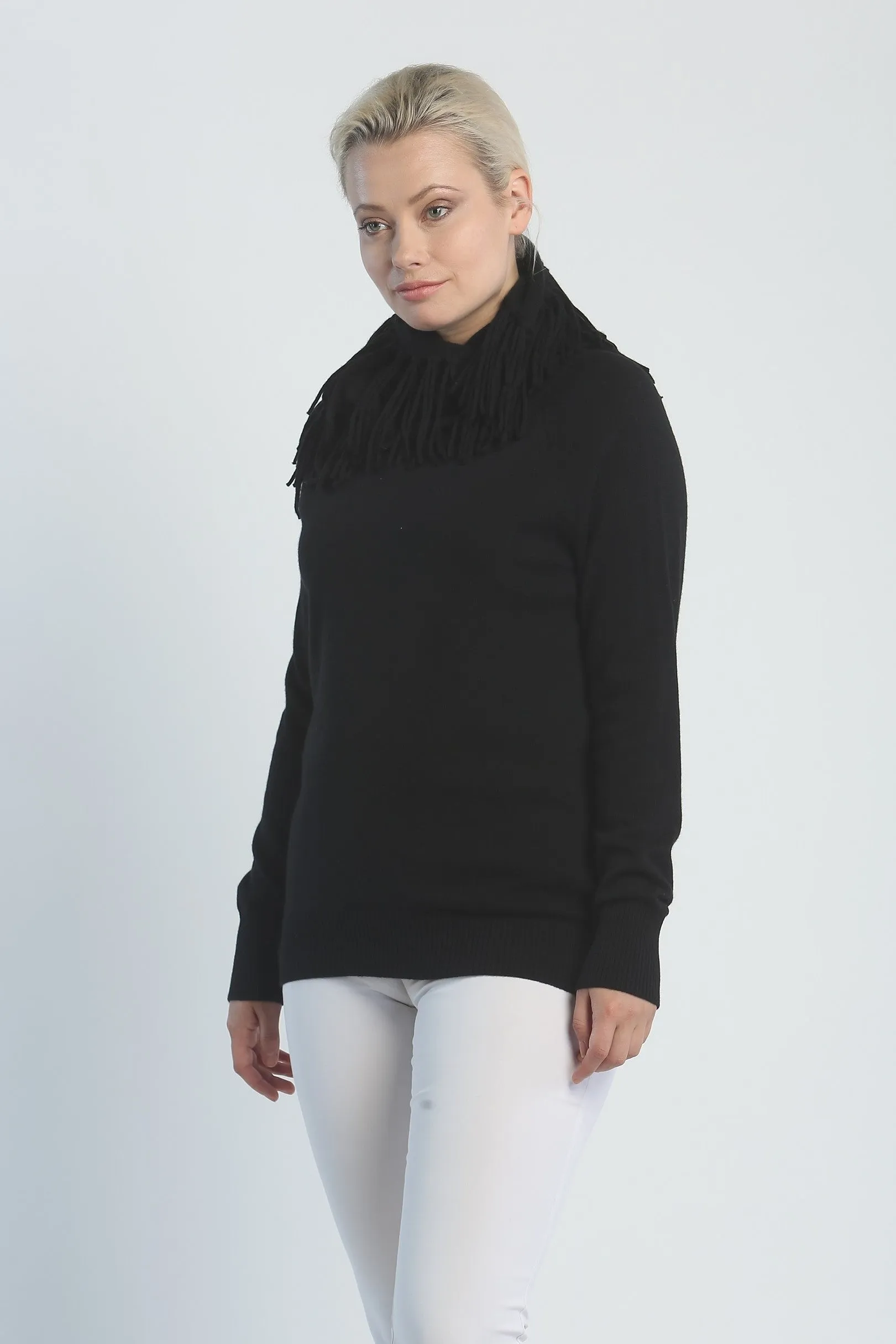 Fringed Cowl Neck Pullover