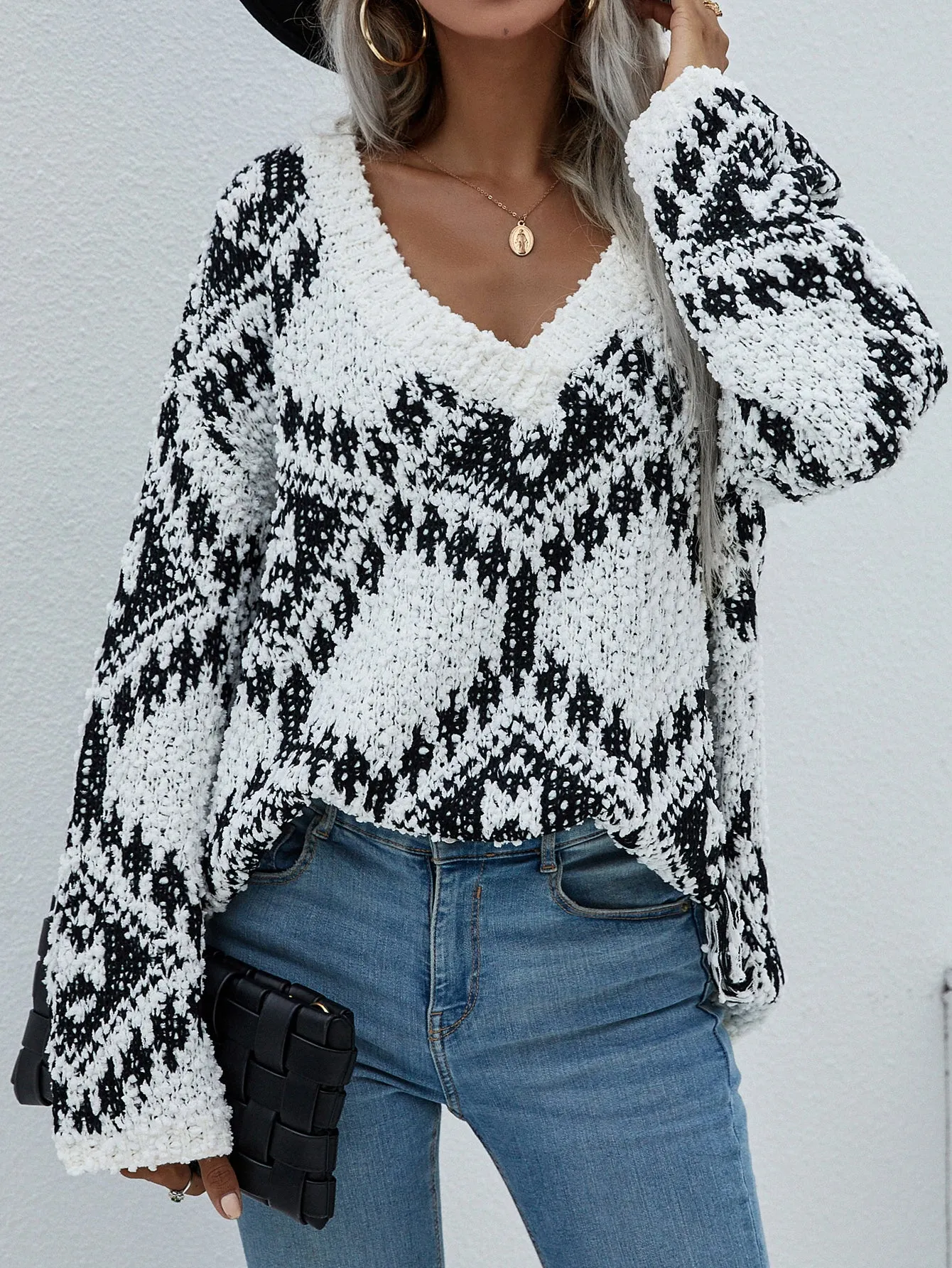 Geometric Print Chunky Knit Sweater