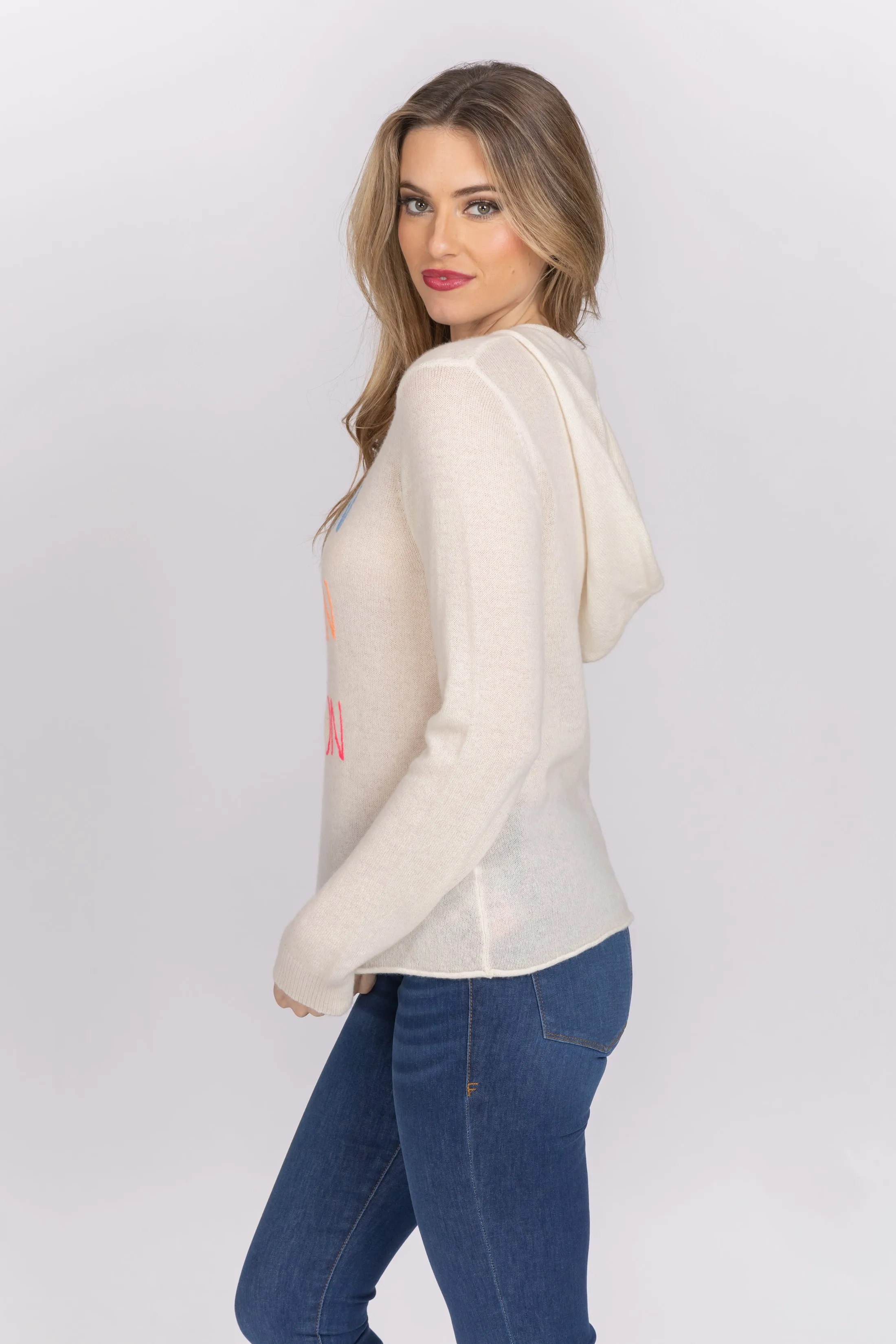 Golden Sun Vacation Cashmere Sweater With Hood in White Multi