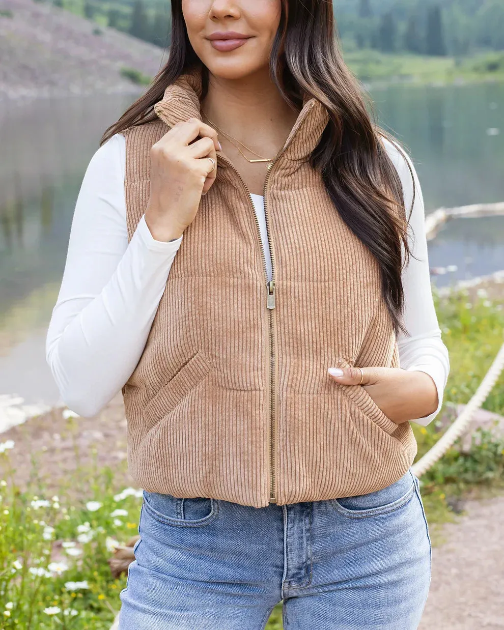 Grace & Lace Corduroy Puffer Vest - Camel