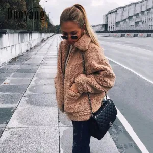 Hnzxzm Autumn Winter Jacket Female Coats New Fashion Korean Zip  Teddy Fur Women Coat Female Casual Jackets Woman Pusheen