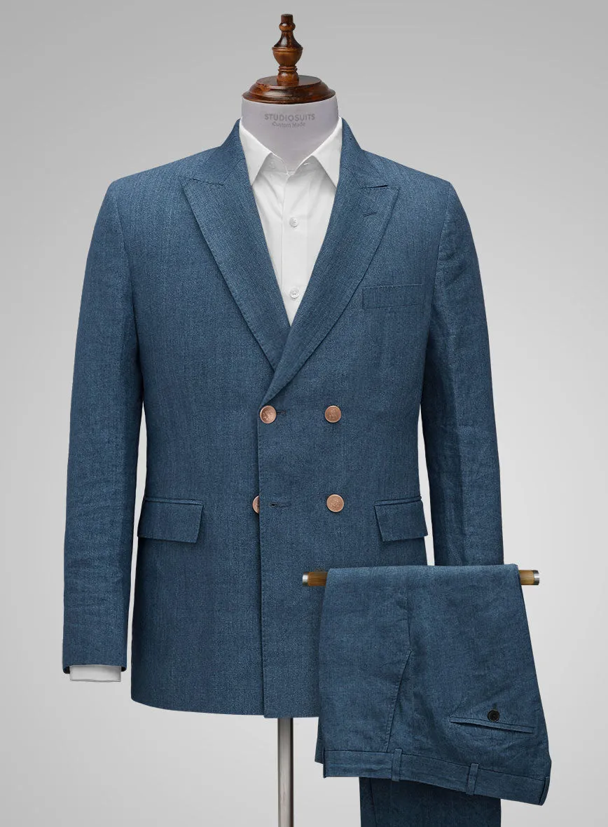 Indigo Blue Linen Suit - Golden Buttons