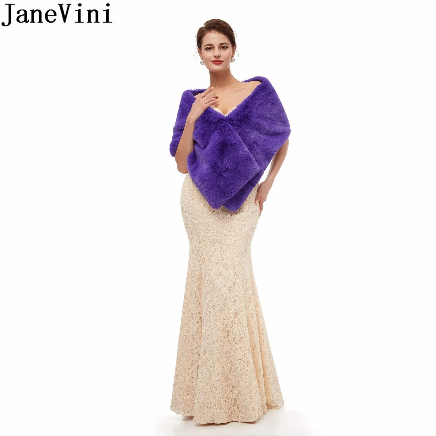 JaneVini Dark Green Winter Faux Fur Stoles 2020 Bridal Shawl Fake Fur Wraps Wedding Capes Black Blue Pink Purple Brown Bolero