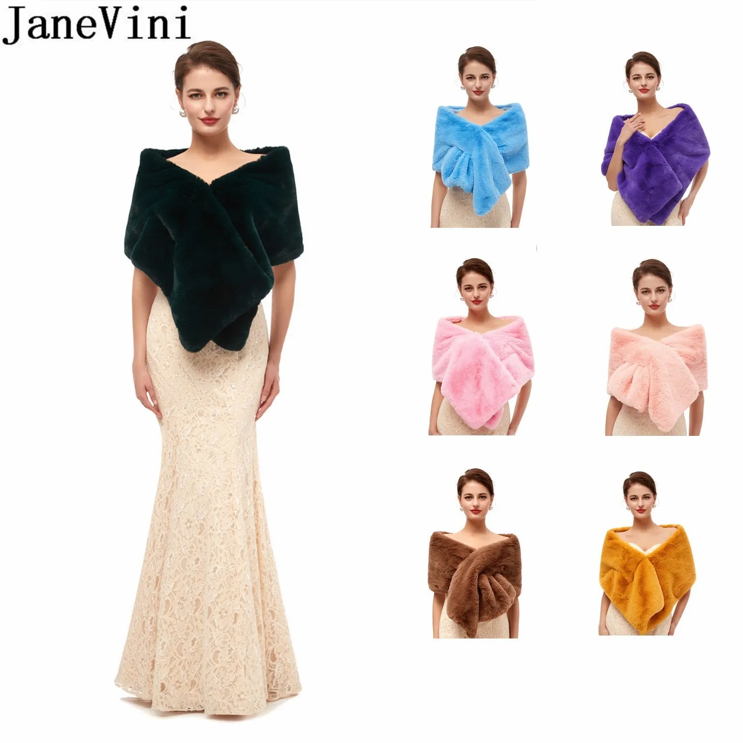 JaneVini Dark Green Winter Faux Fur Stoles 2020 Bridal Shawl Fake Fur Wraps Wedding Capes Black Blue Pink Purple Brown Bolero