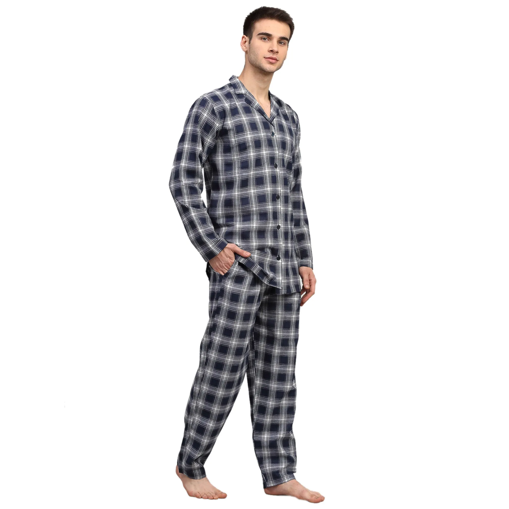 Jashvi Men's Navy Blue Checked Night Suits