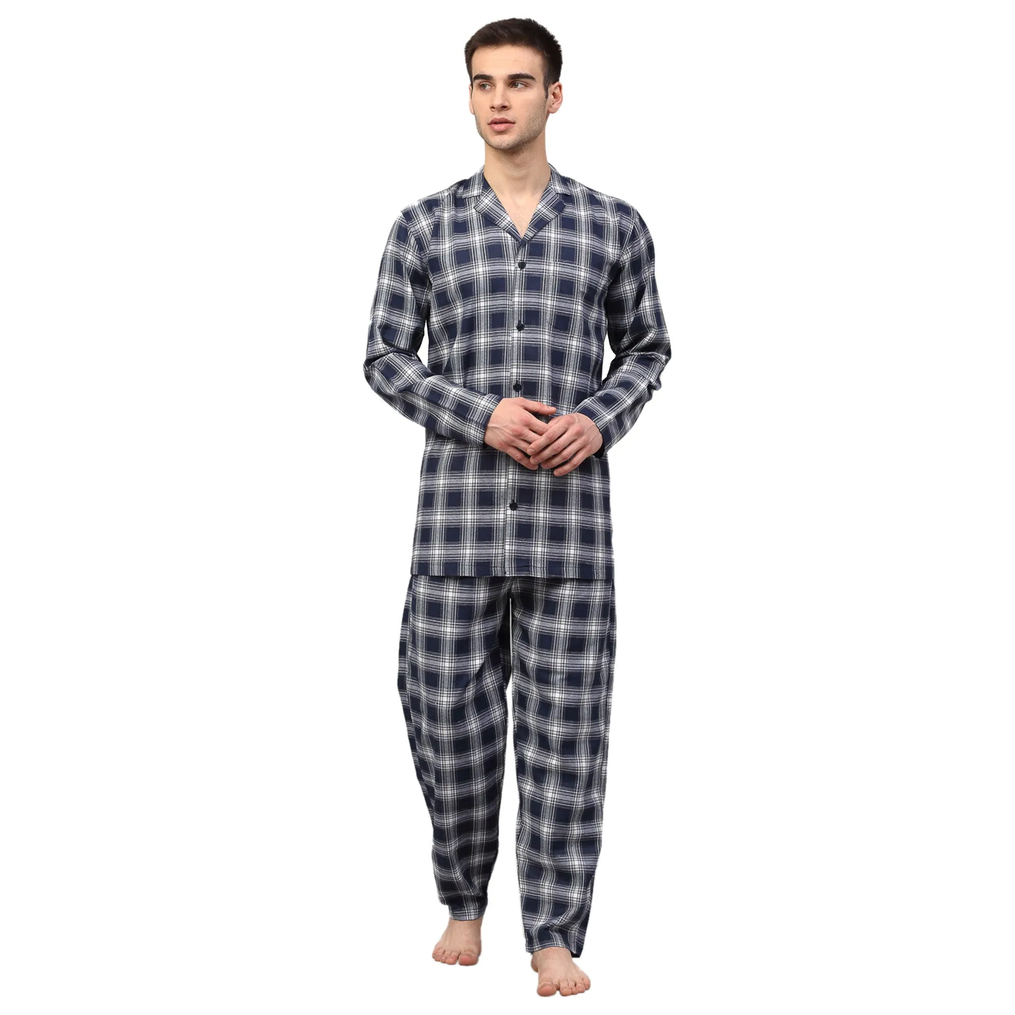 Jashvi Men's Navy Blue Checked Night Suits