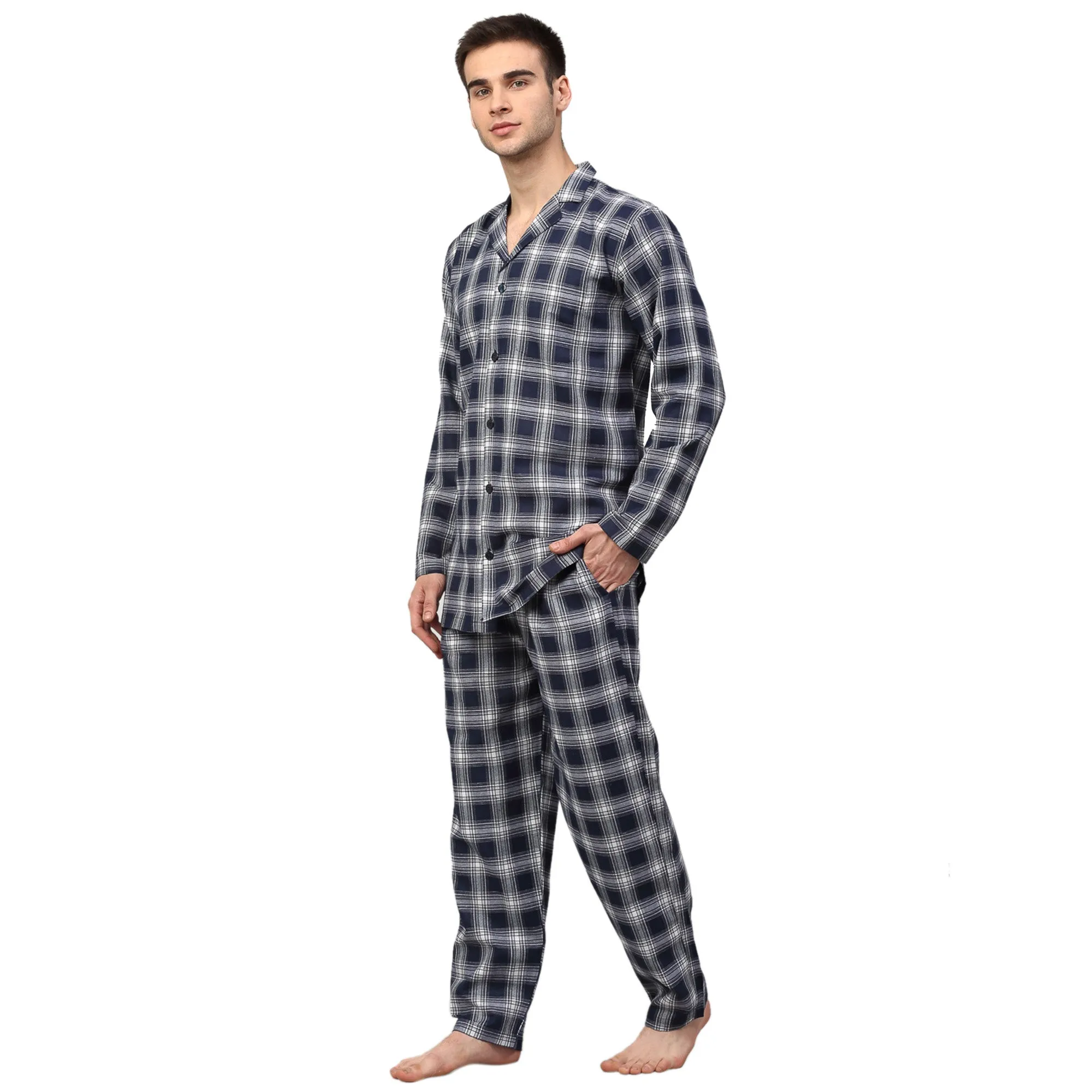 Jashvi Men's Navy Blue Checked Night Suits