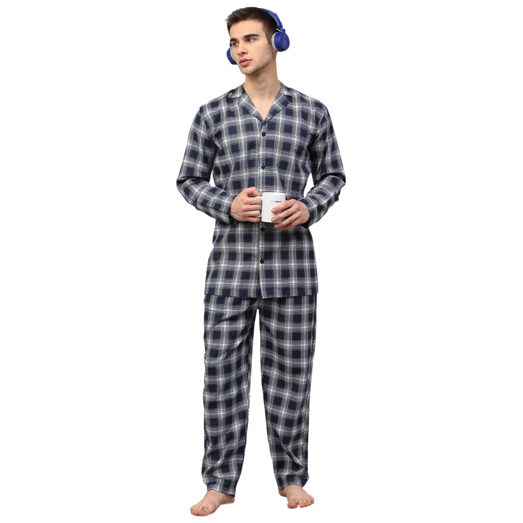 Jashvi Men's Navy Blue Checked Night Suits