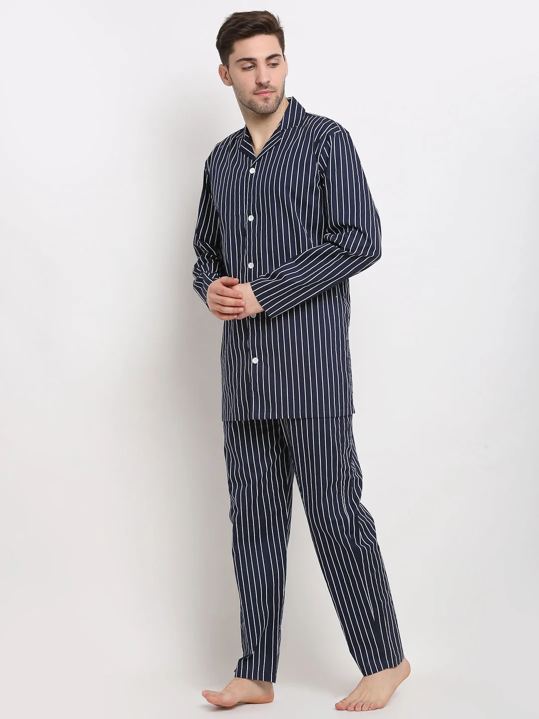 Jashvi Men's Navy Cotton Striped Night Suits