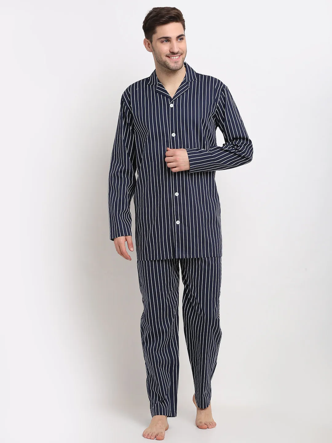 Jashvi Men's Navy Cotton Striped Night Suits