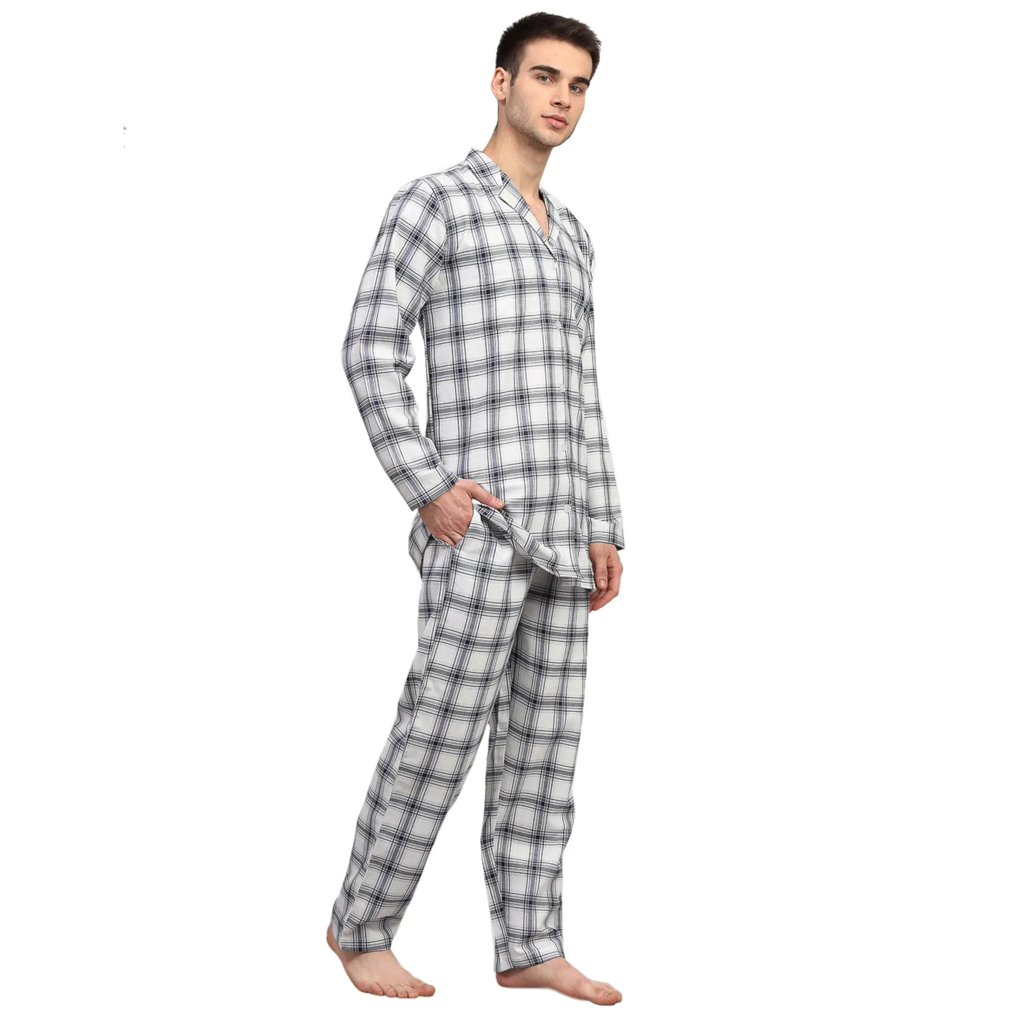 Jashvi Men's White Checked Night Suits