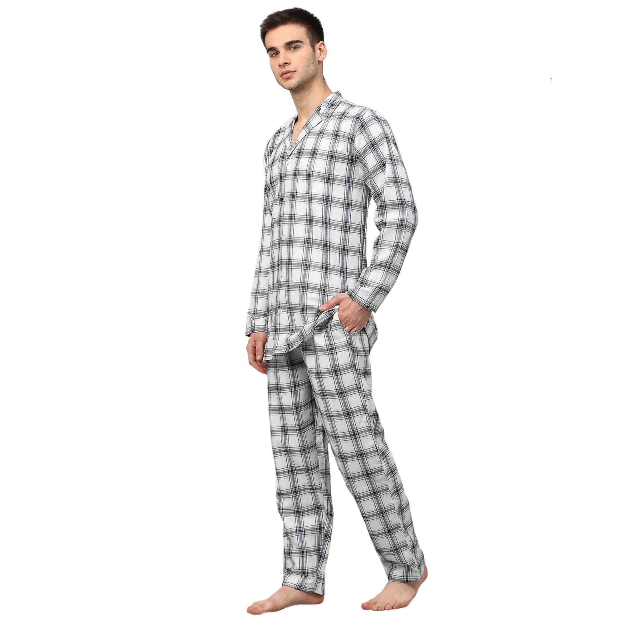 Jashvi Men's White Checked Night Suits