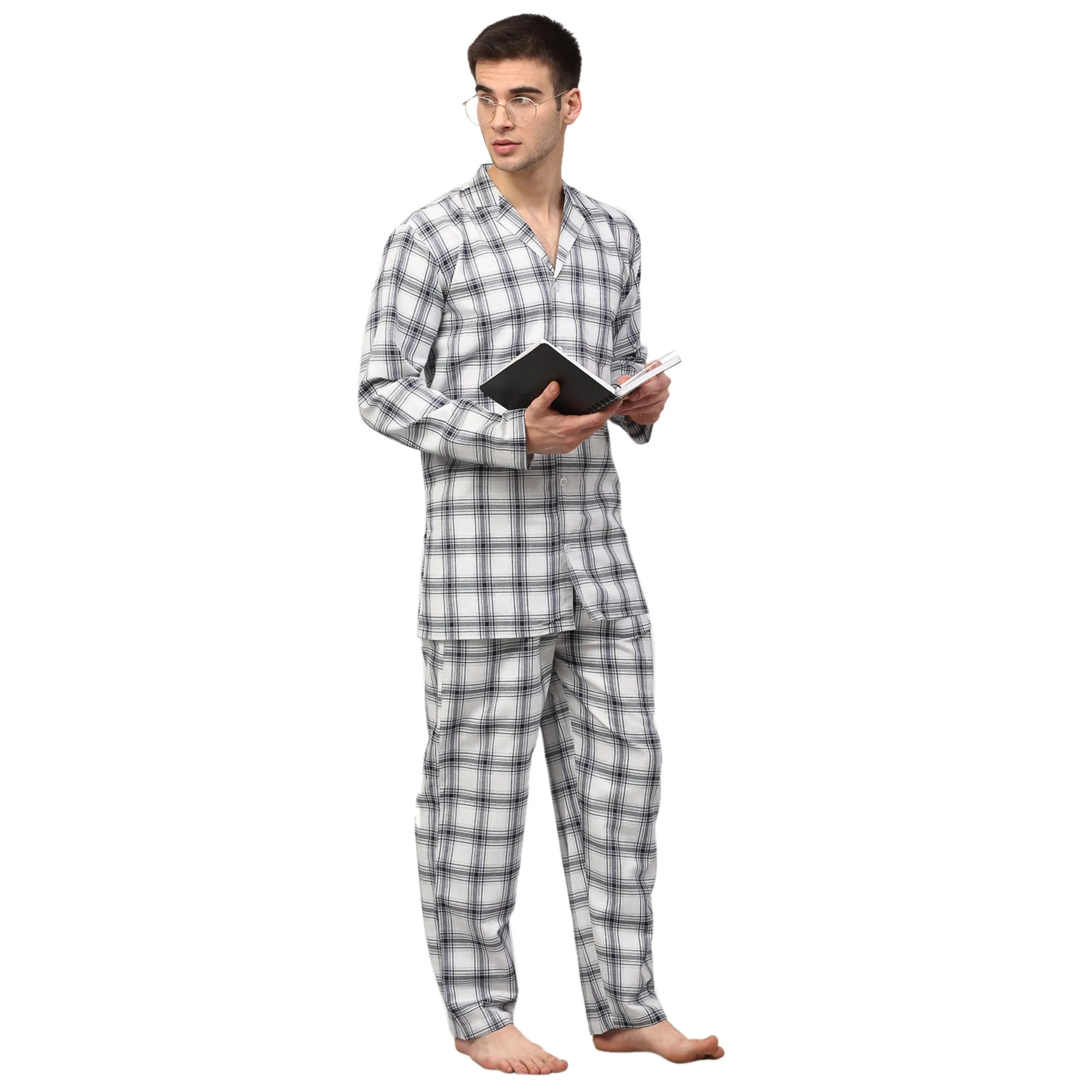 Jashvi Men's White Checked Night Suits