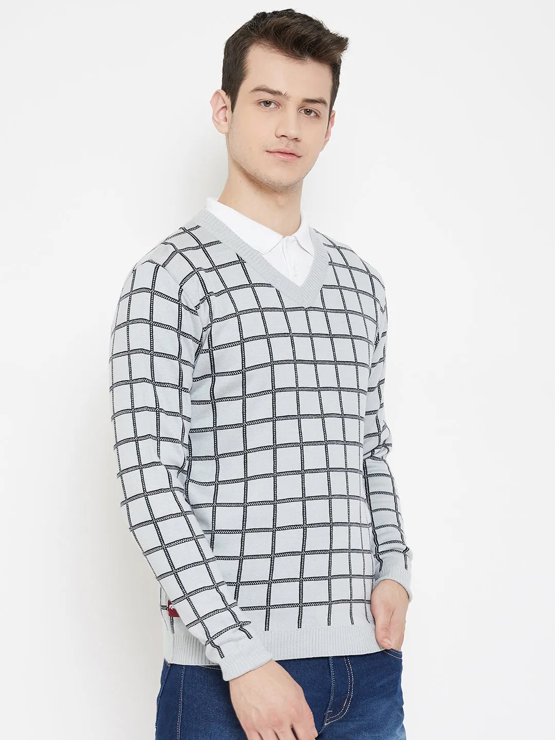 JUMP USA Men Grey Checked V-Neck Casual Pullover