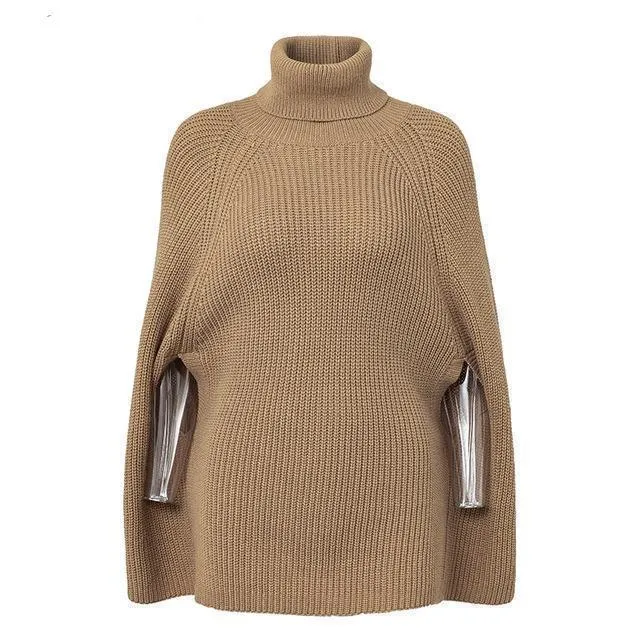 Knitted turtleneck cloak sweater Women Camel casual pullover Autumn winter streetwear women sweaters and pullovers (US 12-14)