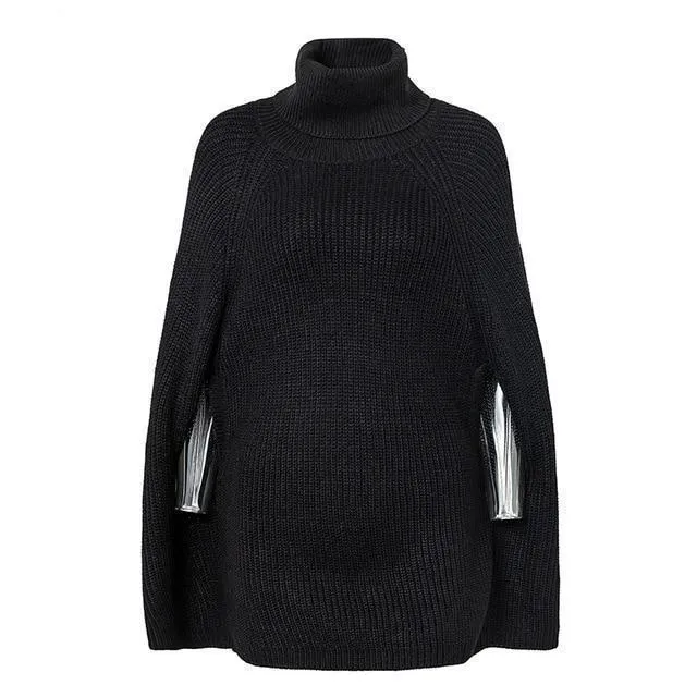 Knitted turtleneck cloak sweater Women Camel casual pullover Autumn winter streetwear women sweaters and pullovers (US 12-14)