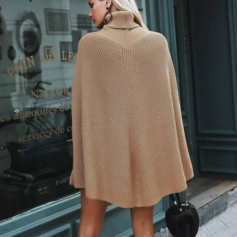 Knitted turtleneck cloak sweater Women Camel casual pullover Autumn winter streetwear women sweaters and pullovers (US 12-14)