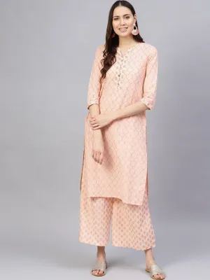 KSUT Women Peach-Coloured Printed Kurta with Palazzos