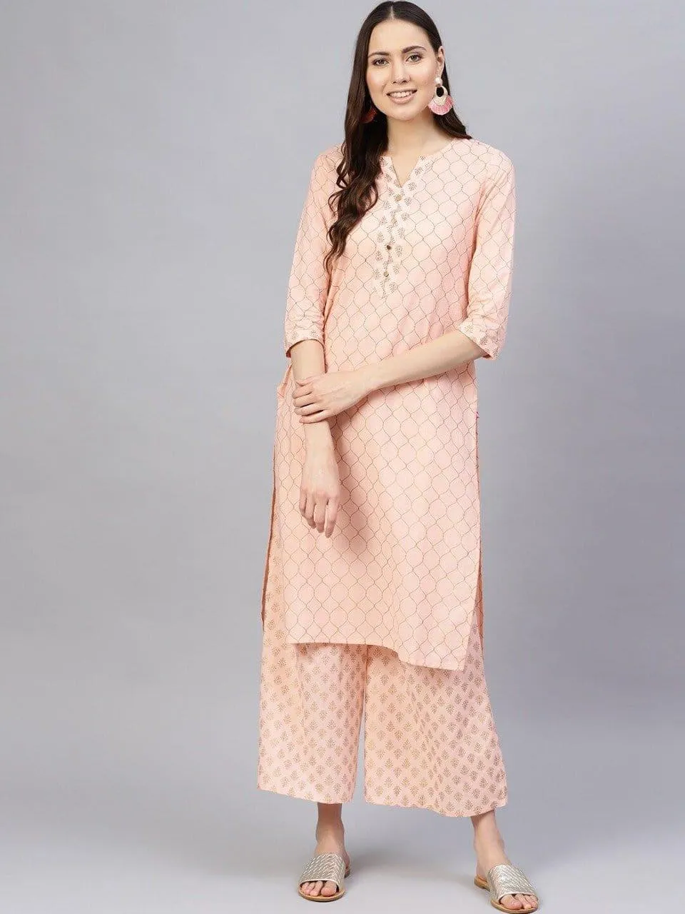 KSUT Women Peach-Coloured Printed Kurta with Palazzos