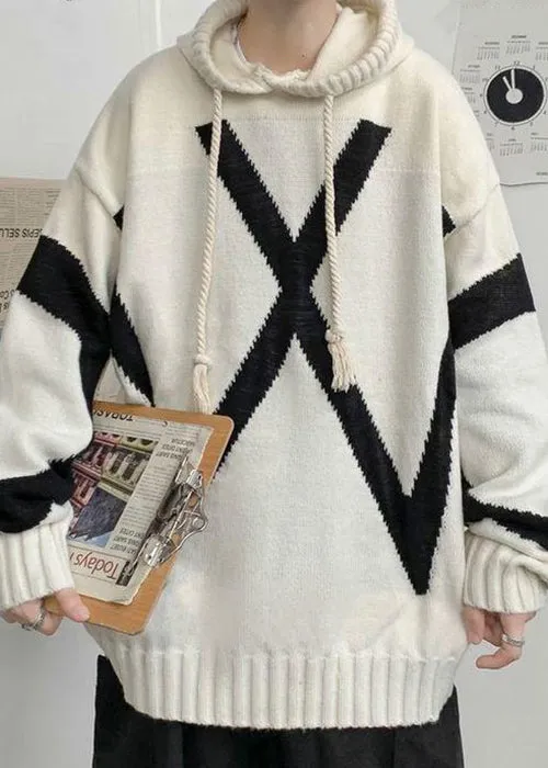 Loose Beige Hooded Cozy Knit Men Sweaters Winter RP065