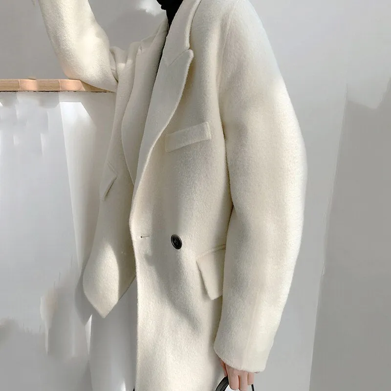 Loose Fit White Woolen Coat Parkas New Long Sleeve