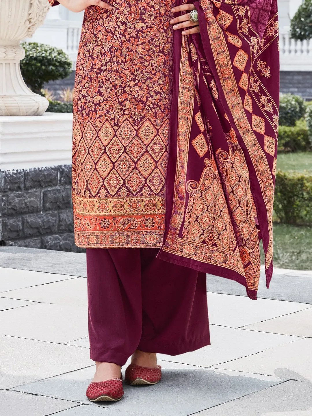 Maroon Woolen Pashmina Printed Unstitched Winter Suit