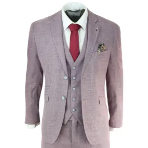 Mens 3 Piece Suit Blush Pink Summer Linen Tailored Fit Wedding Prom Classic