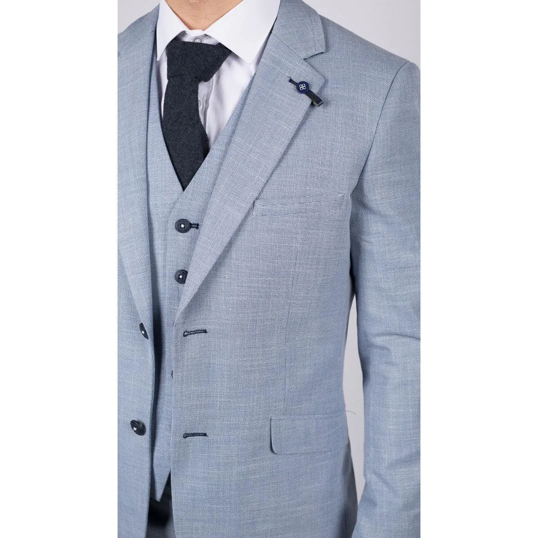 Mens 3 Piece Suit Light Blue Summer Linen Tailored Fit Wedding Prom Classic