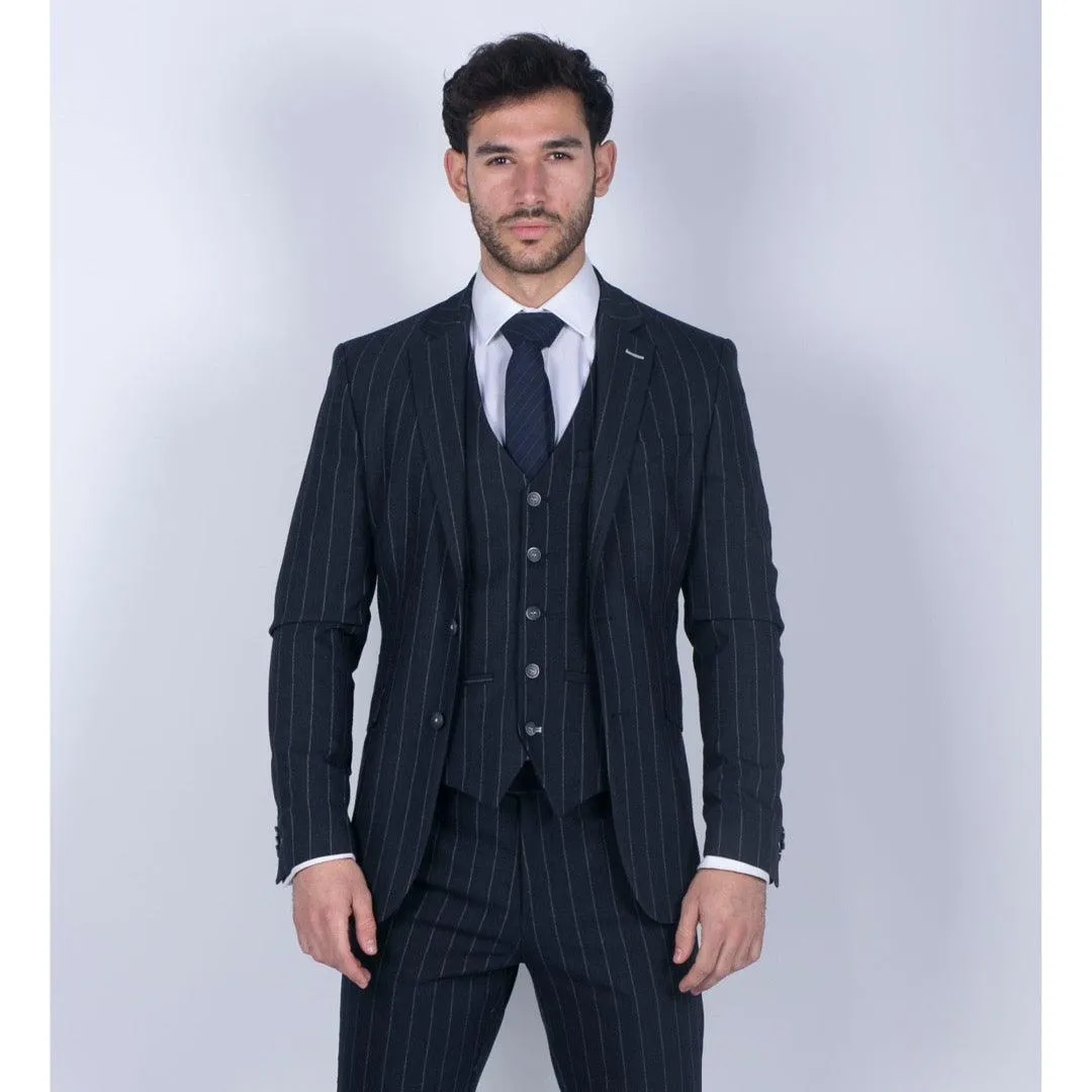 Mens 3 Piece Suit Pin Stripe Navy Classic Vintage Retro 1920s Tailored Fit Wedding